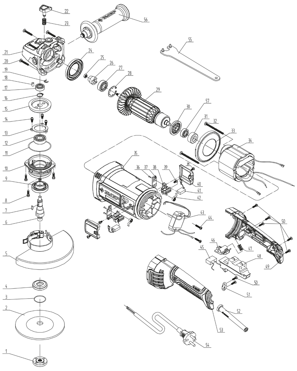 ЗУБР 2000 Вт, d180 мм, УШМ, Профессионал (УШМ-П180-2000 п) - разборная схема